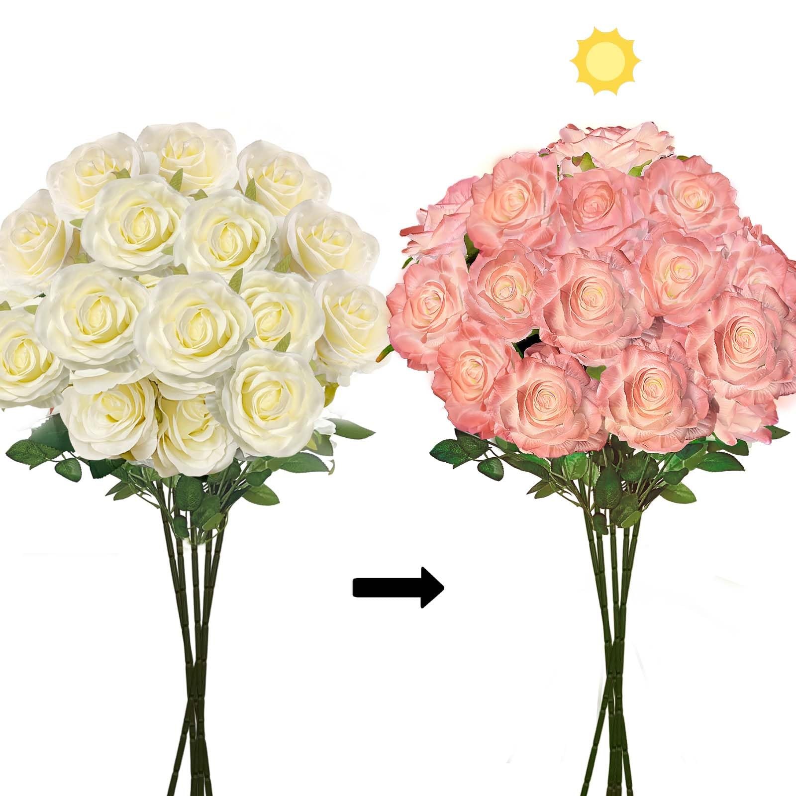 Color Changing Artificial Roses, 15 Blooms White to Pink Realistic Silk Flowe…