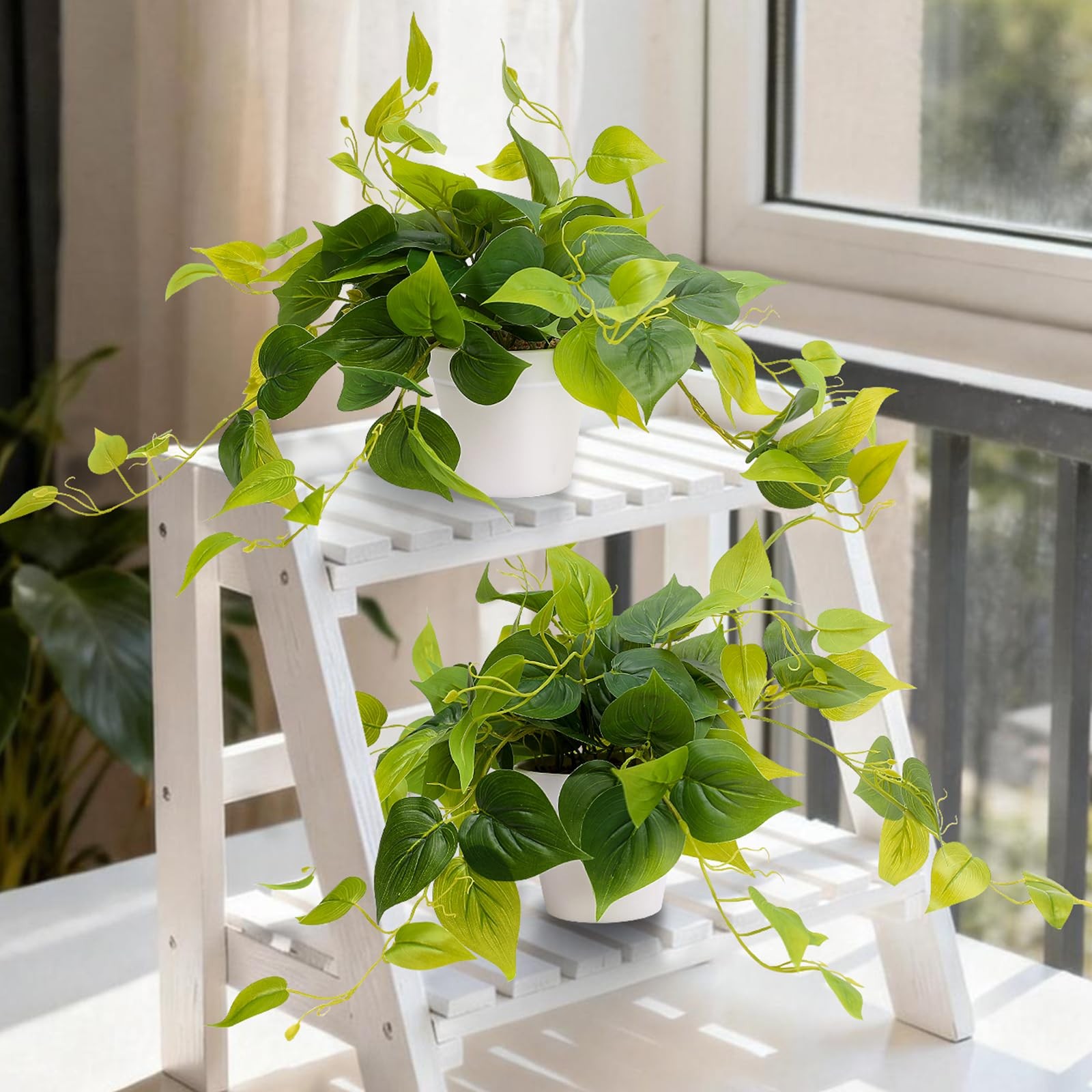 2 PCS Fake Pothos Hanging Plants Faux Ivy Vines Green With White Pots Decor
