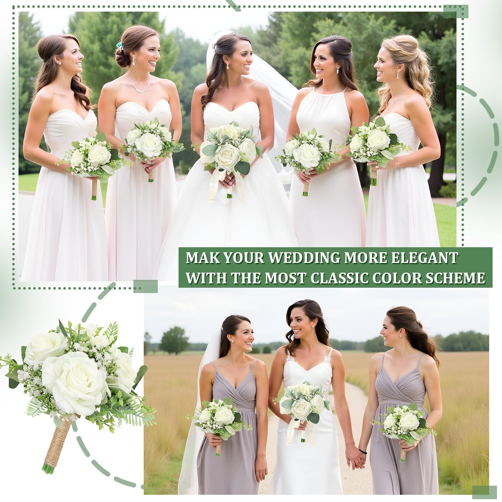 Bridesmaids Bouquets Set of 6 Ivory White Artificial Flowers 7 Inch Bridesmai…