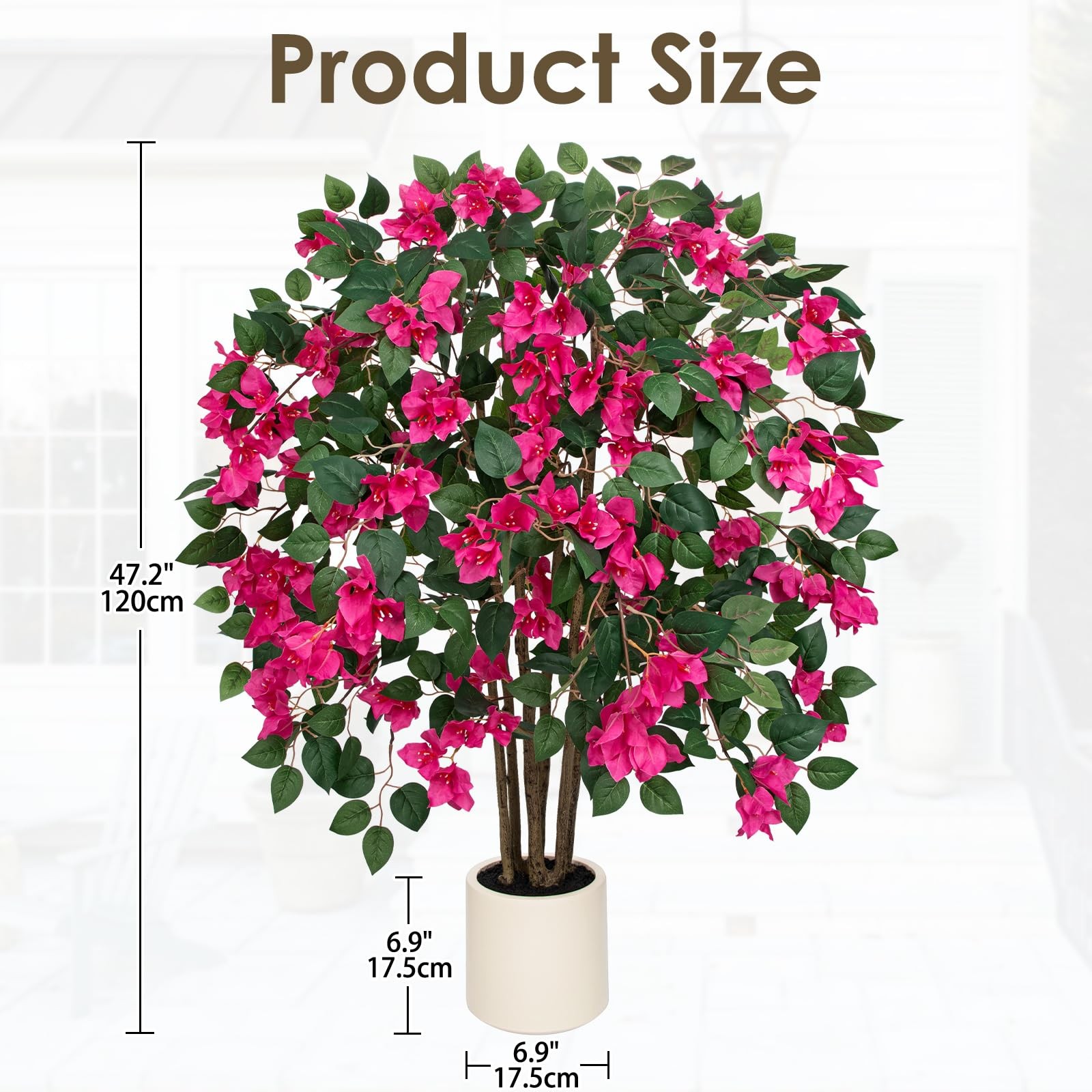 3.94ft Artificial Bougainvillea Tree in White Pot, Hot Pink Large Silk Flower…