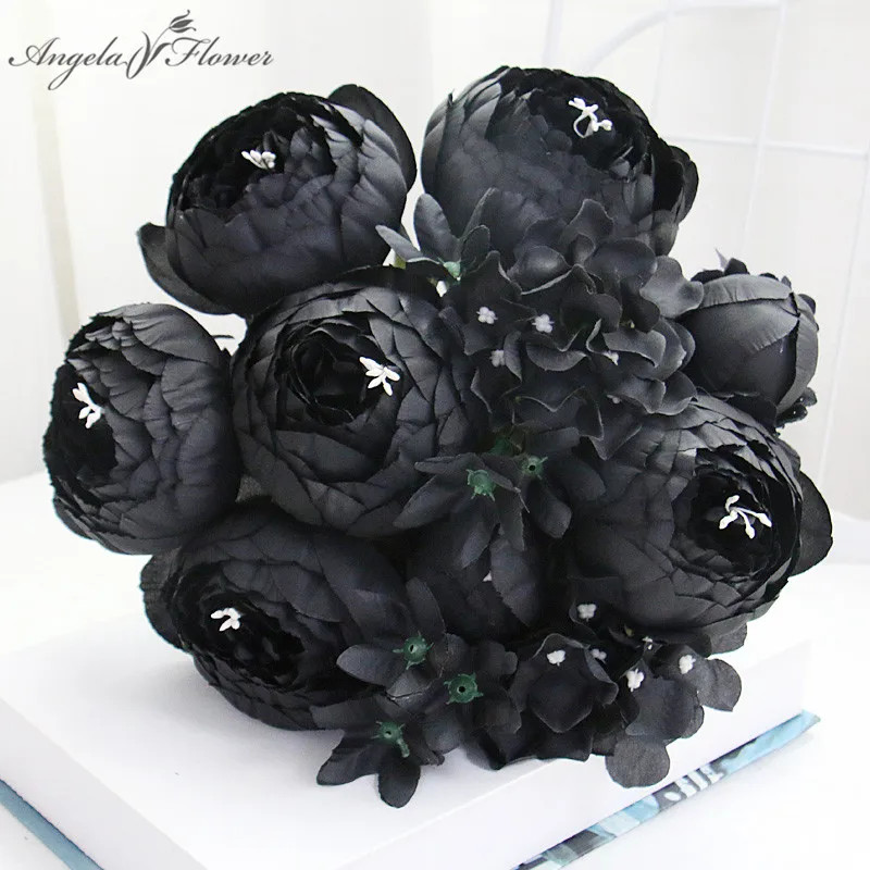 12-Head Black Peony Rose Hydrangea Artificial Bouquet DIY Wedding Decor Flowers