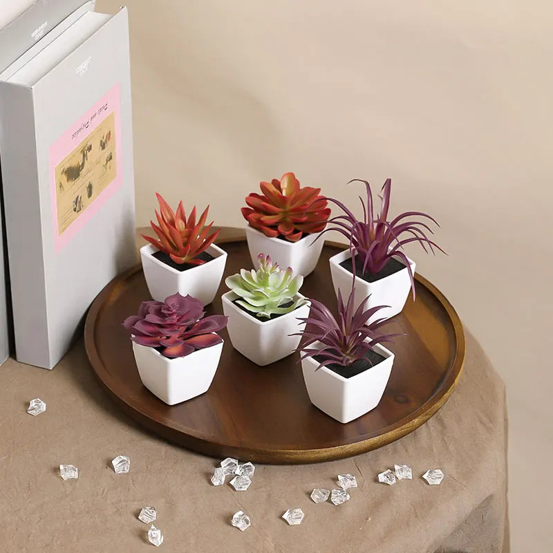6PCS (SET) Mini Artificial Succulent Green Plant Plastic Wwhite Basin, Home Win