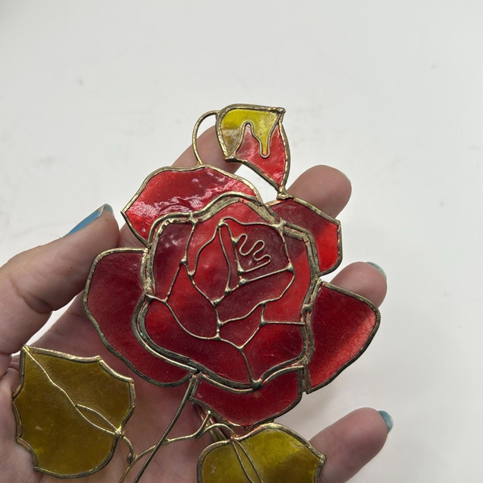 Vintage Faux Stained Glass Red Rose Flower Decor Collectible