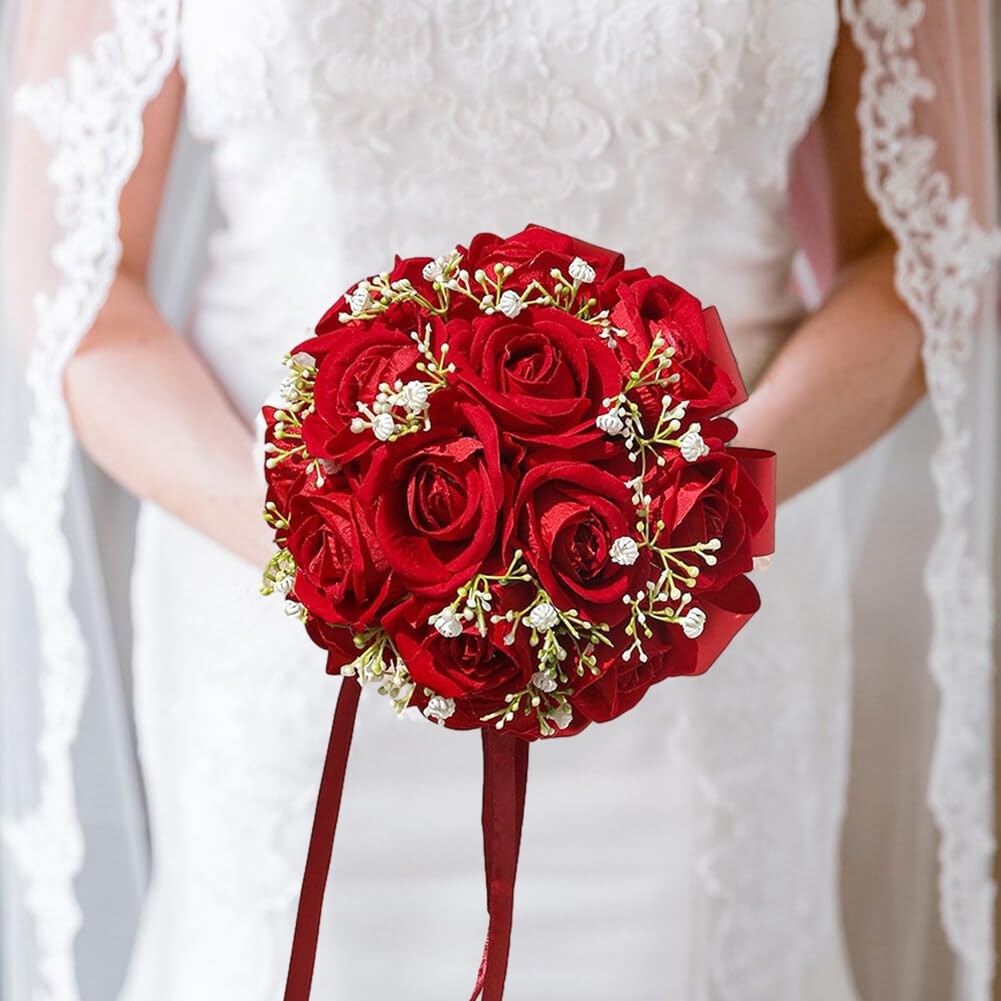 Red Rose Bouquet Bride Artificial Silk HandHeld Wedding Party Decor