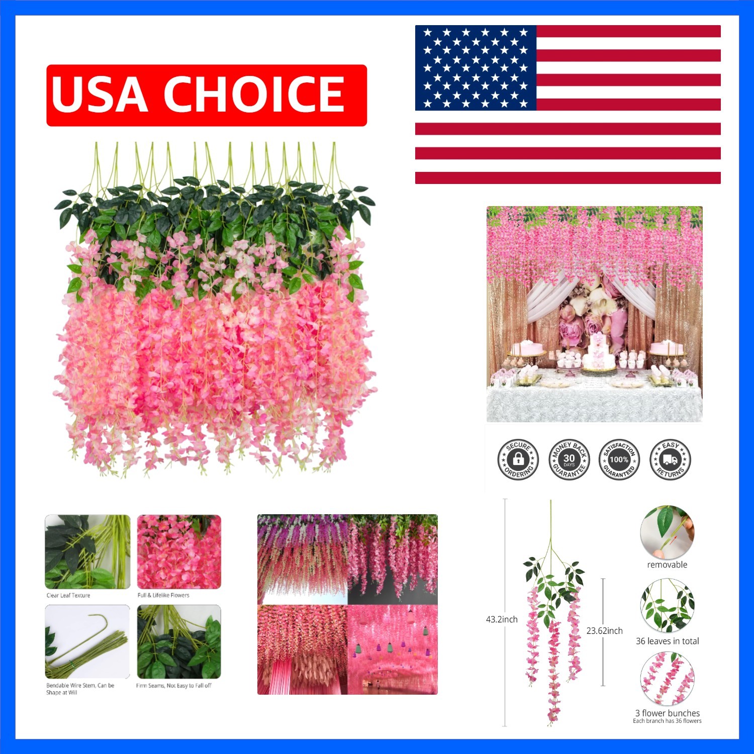 12 Pack Artificial Wisteria Hanging Flowers Fake Wisteria Flower Silk Vines R…