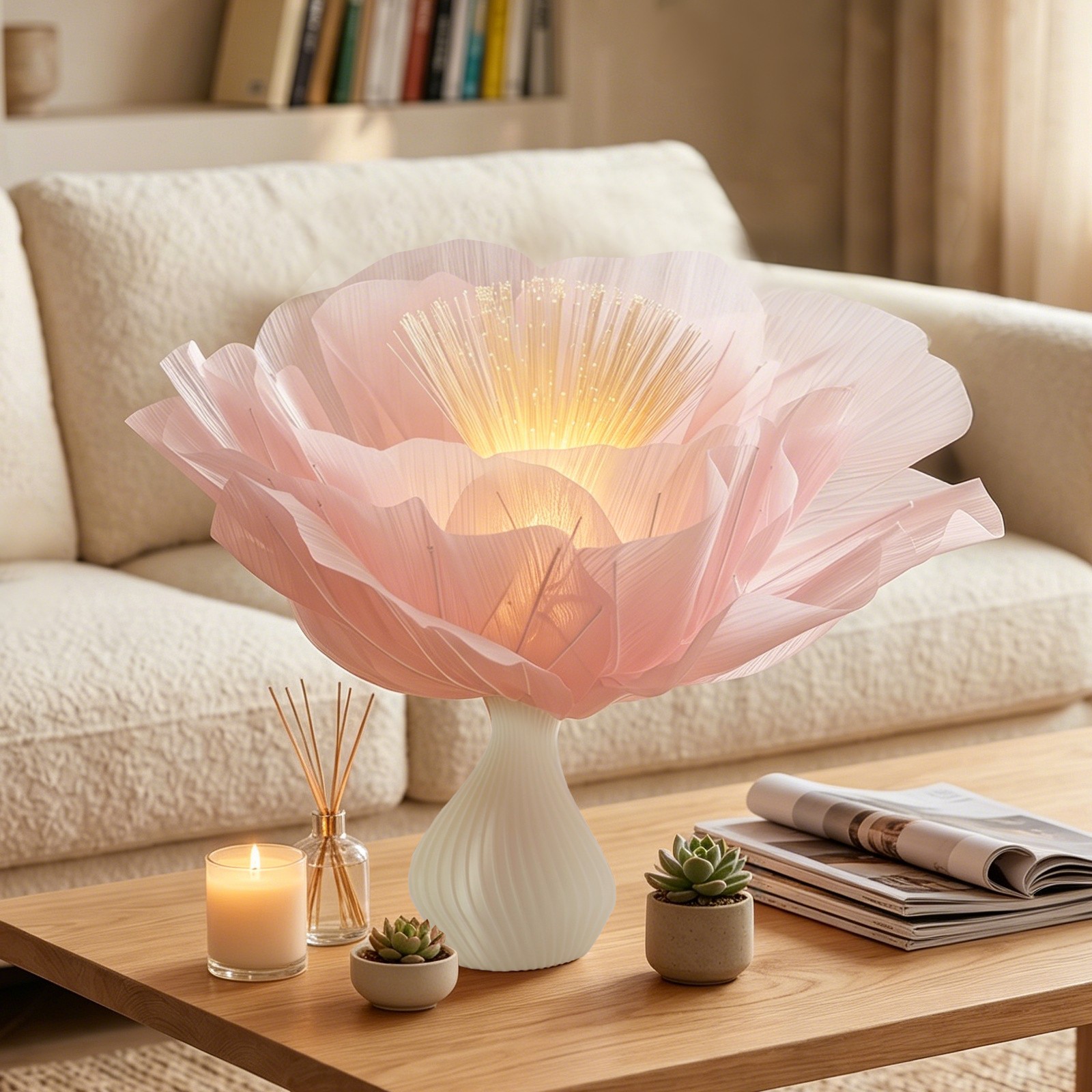 Desktop Pink Organza Artificial Flower With Vase Atmosphere Lamp Ornament