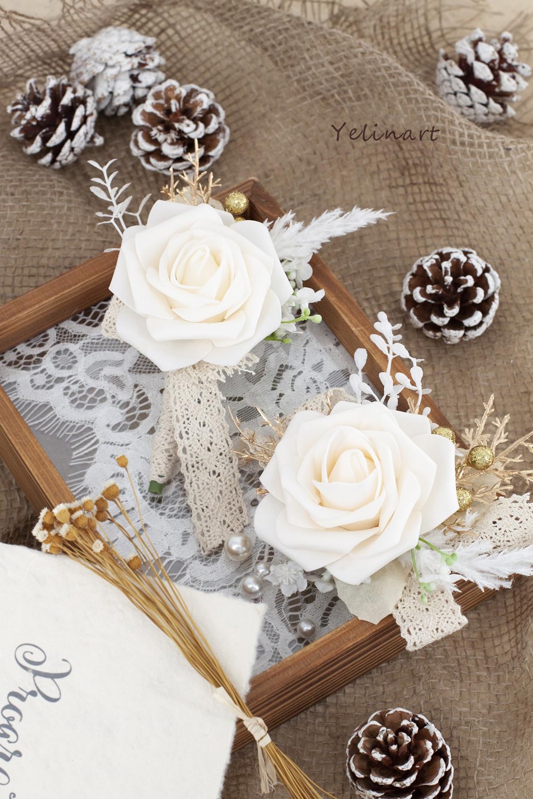 Yelinart Champagne & White Wrist Corsage and Boutonniere Set for Wedding Prom…
