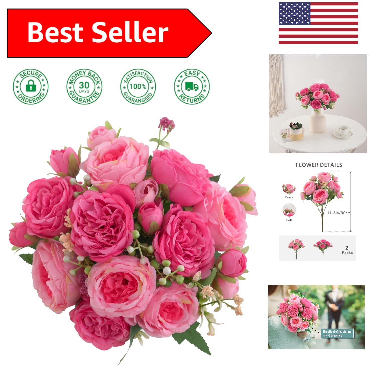 2 Packs Rose Pink Silk Peonies: Artificial Flowers for Weddings & Home Decor