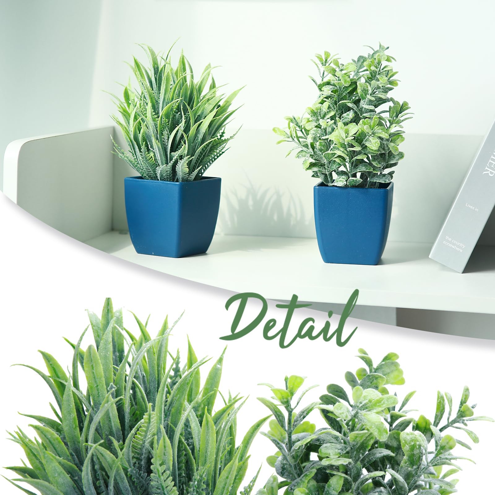 2 PCS Small Fake Plants In Blue Pot Artificial Eucalyptus Rosemary Decor
