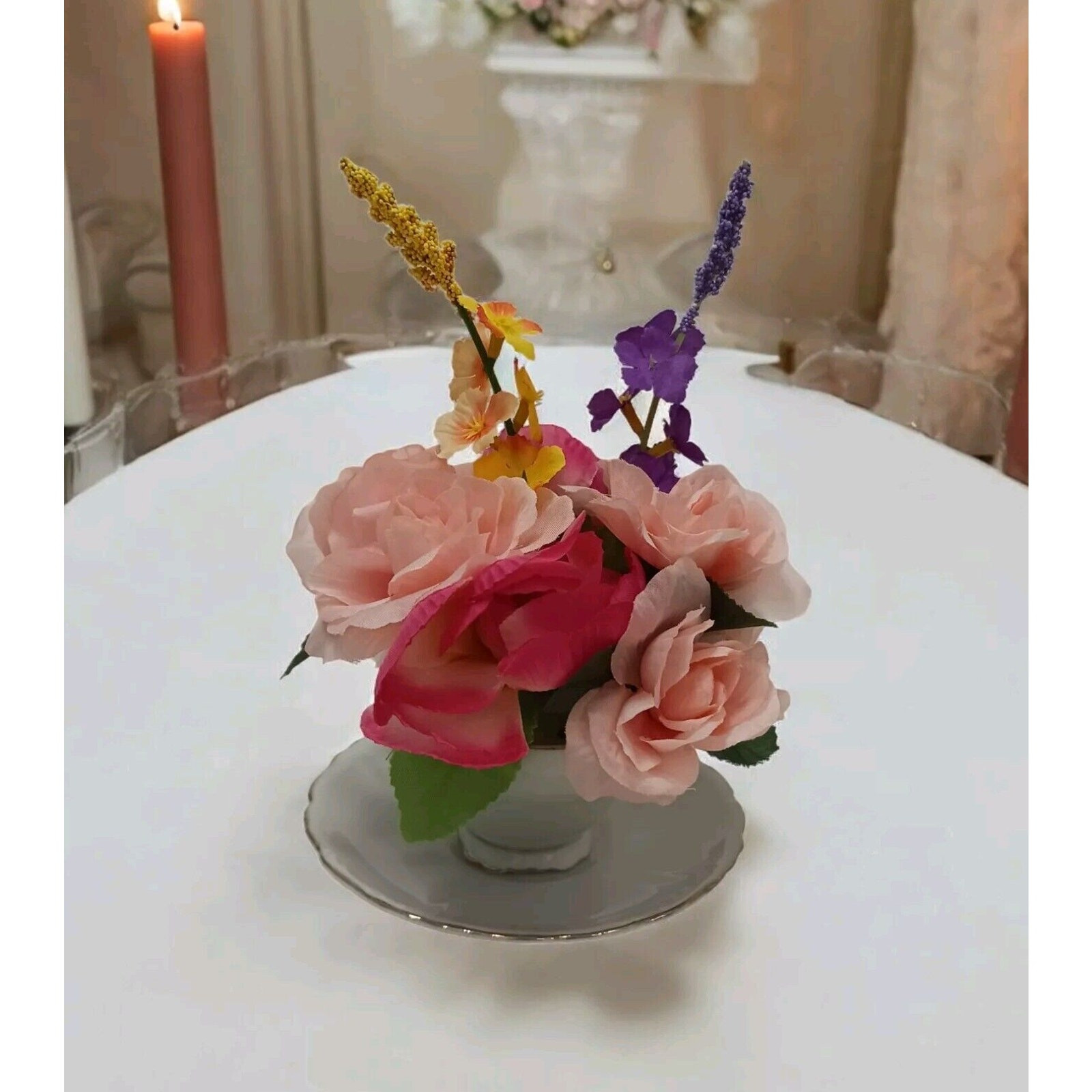 Silk Floral Arrangement POP-IN for your Tea Cup Party Birthday Bridal Home Decor