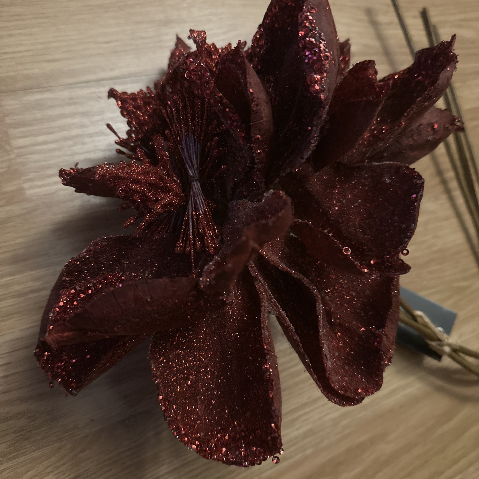 3 Rachel Zoe Red Burgundy Poinsettias Glitter Christmas Tree Floral Picks 18”