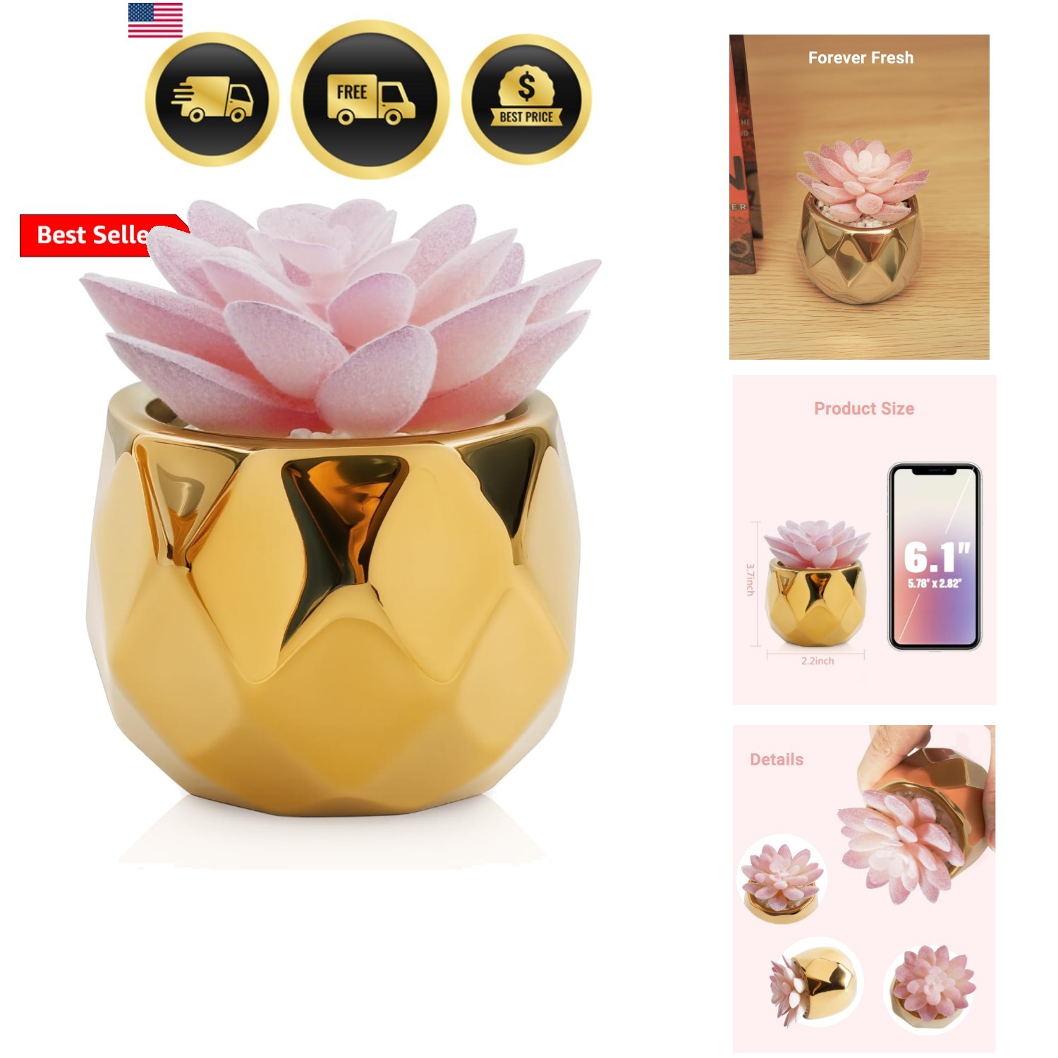 Mini Succulents Plants Artificial in Pots-Pink Succulents with Golden Ceramic…