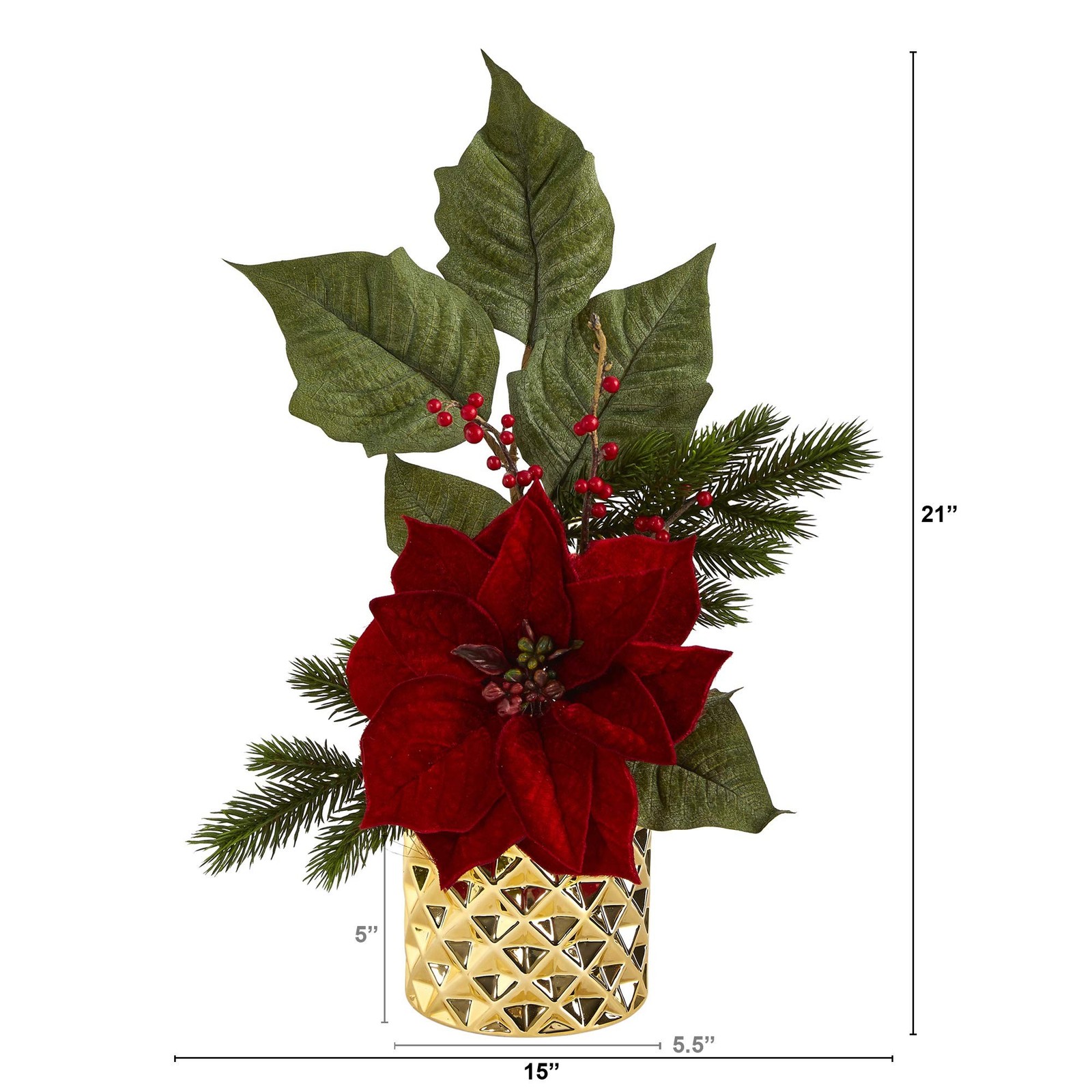 Nearly Natural 21in Poinsettia Berries Pine Artificial Arrangement Gold Vase