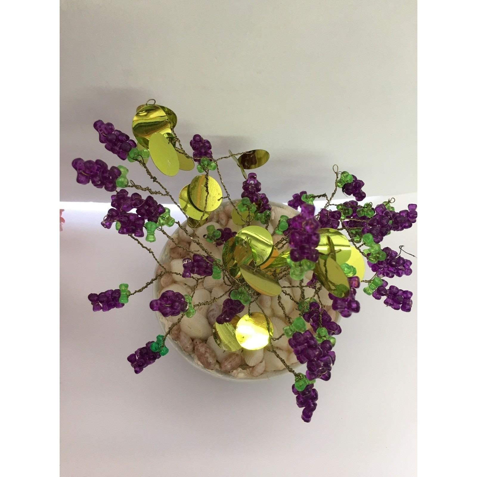 Vintage 50s Asian Beaded Wire Grape Cluster Bonsai Tree in Decorative Bowl