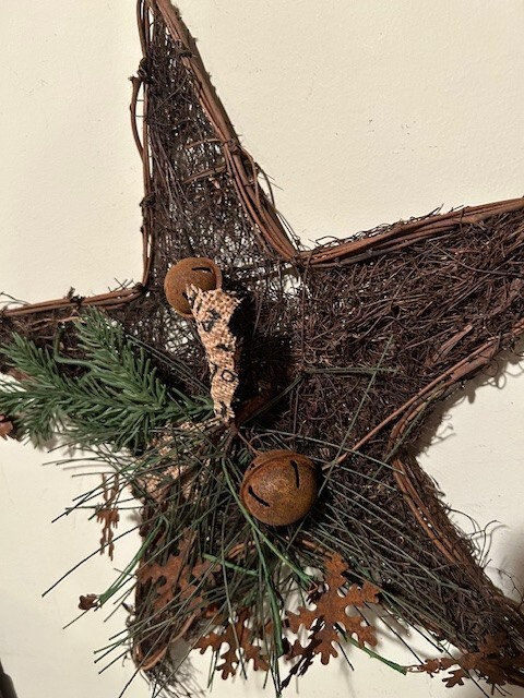 Rustic new wall Star with Rusty Bells and snowflakes