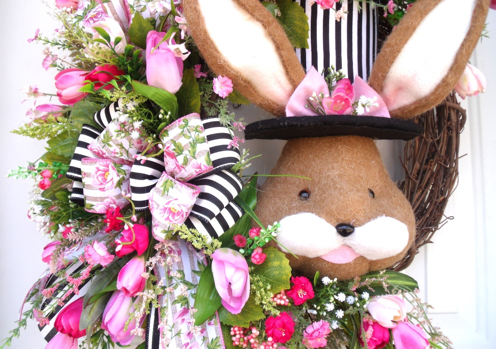 Spring Easter Bunny Wreath, Door Decor Pinks/Black/Whites