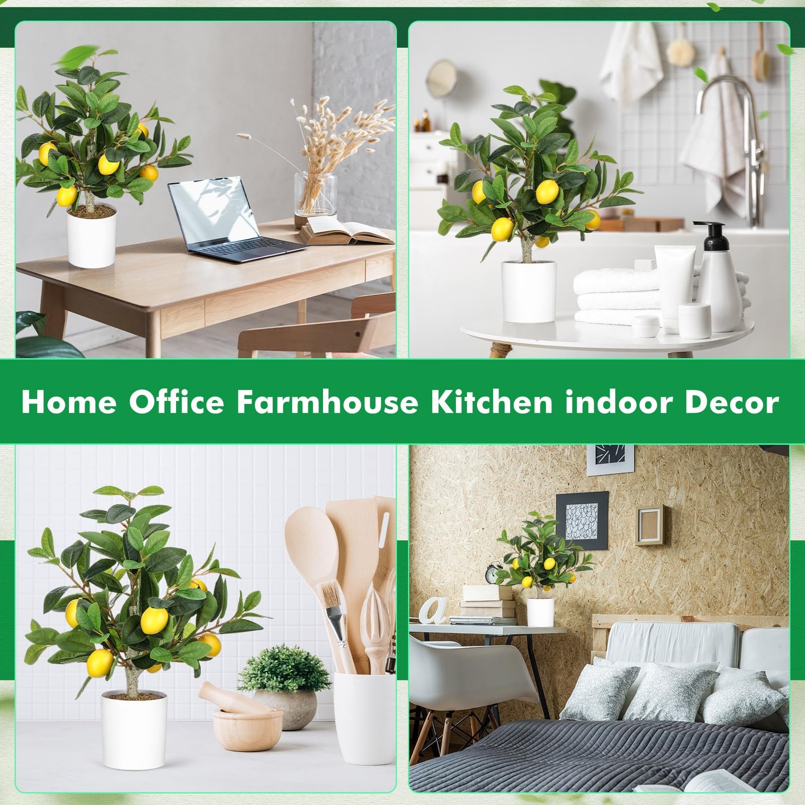 2 PCS 15.7 Inch Artificial Lemon Tree Potted Faux Citrus Plant White Pot