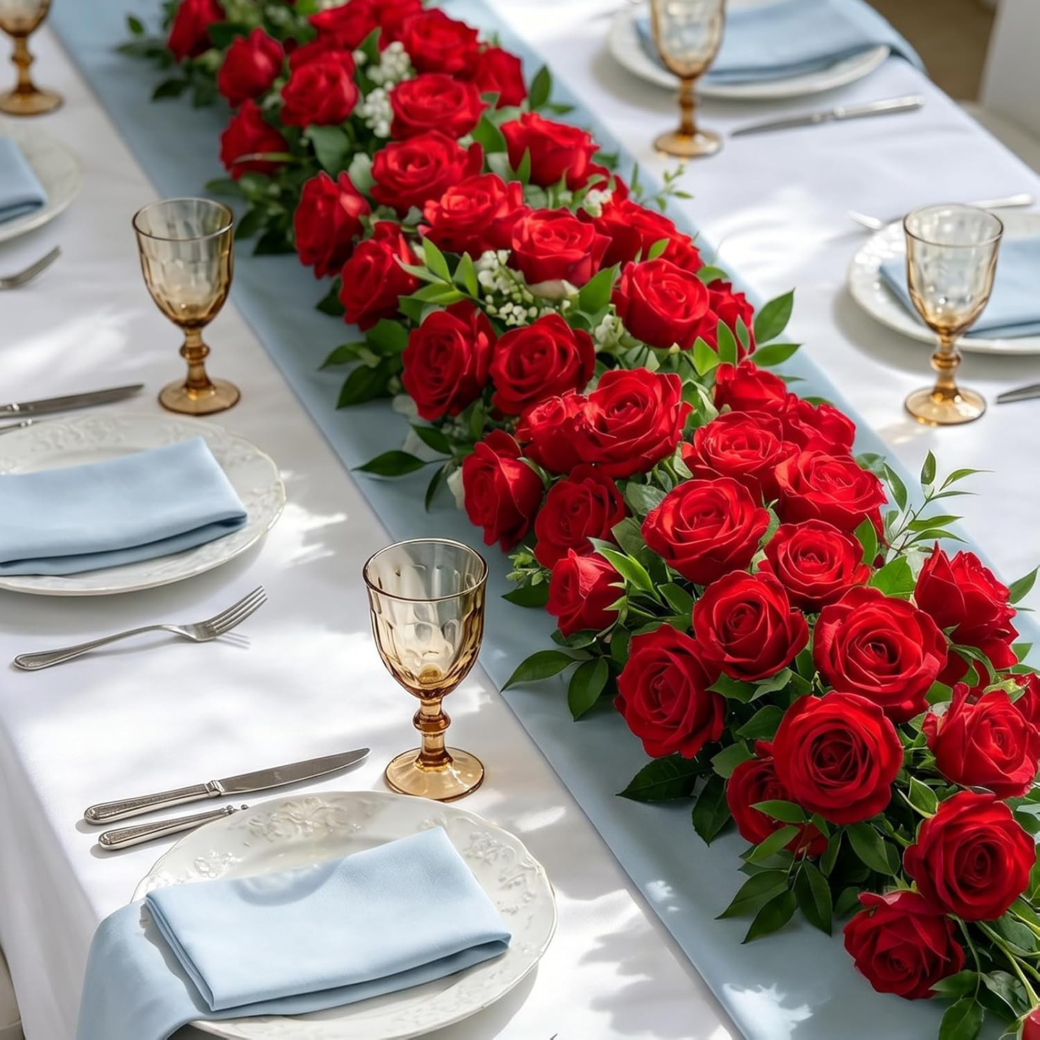 50 Pcs Artificial Roses +10 Eucalyptus + 1 Sachet (Rose Red) | Fake Velvet Silk