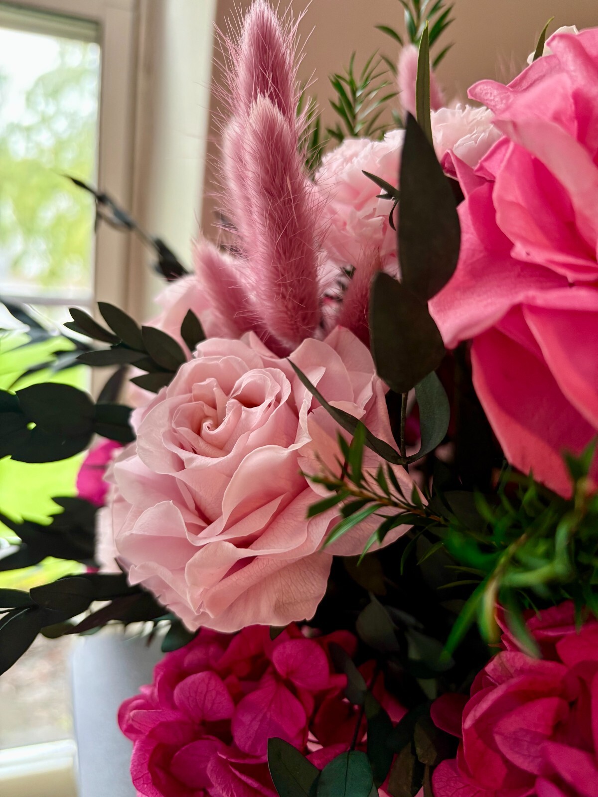 Preserved Flower Bouquet in Pink Raspberry Hat Box, Real Flowers, Lasts 1+ Year