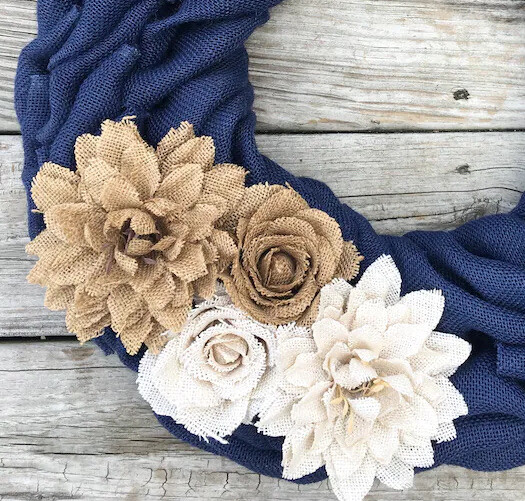 14″ Navy Blue Farmhouse Burlap Wreath HANDMADE