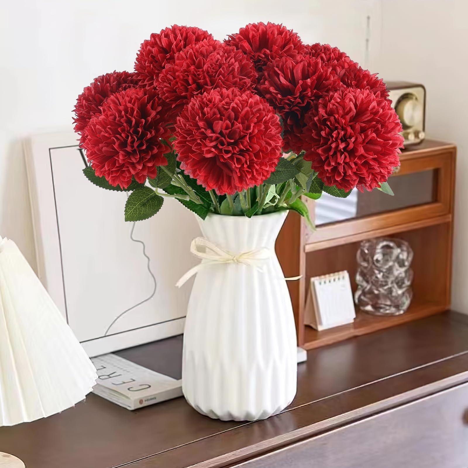 Artificial Chrysanthemums 12 PCS Burgundy Red Fake Mums Silk Flowers
