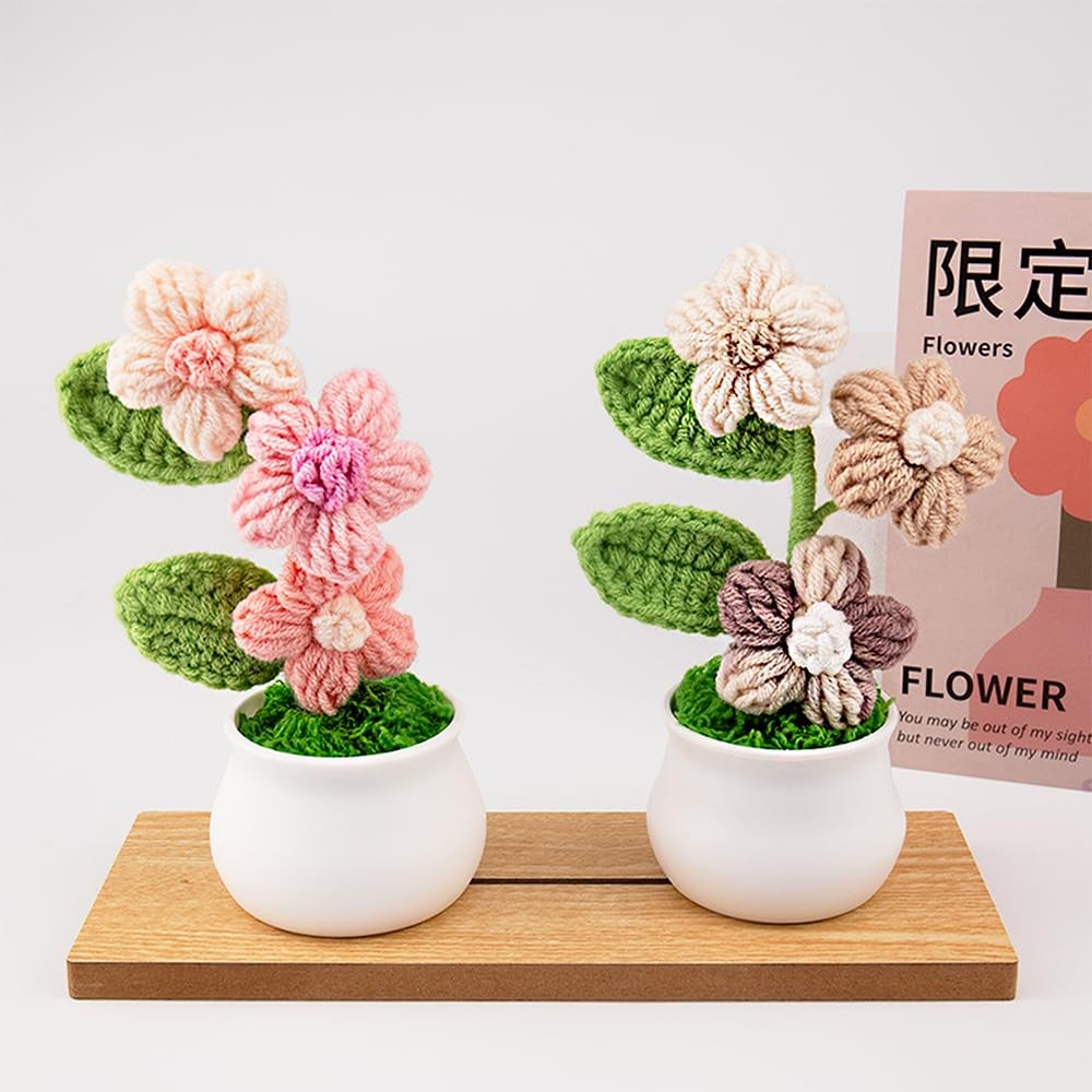 Knitting Crochet Puff Flowers Potted Plants, Gradient Colorful Flowers
