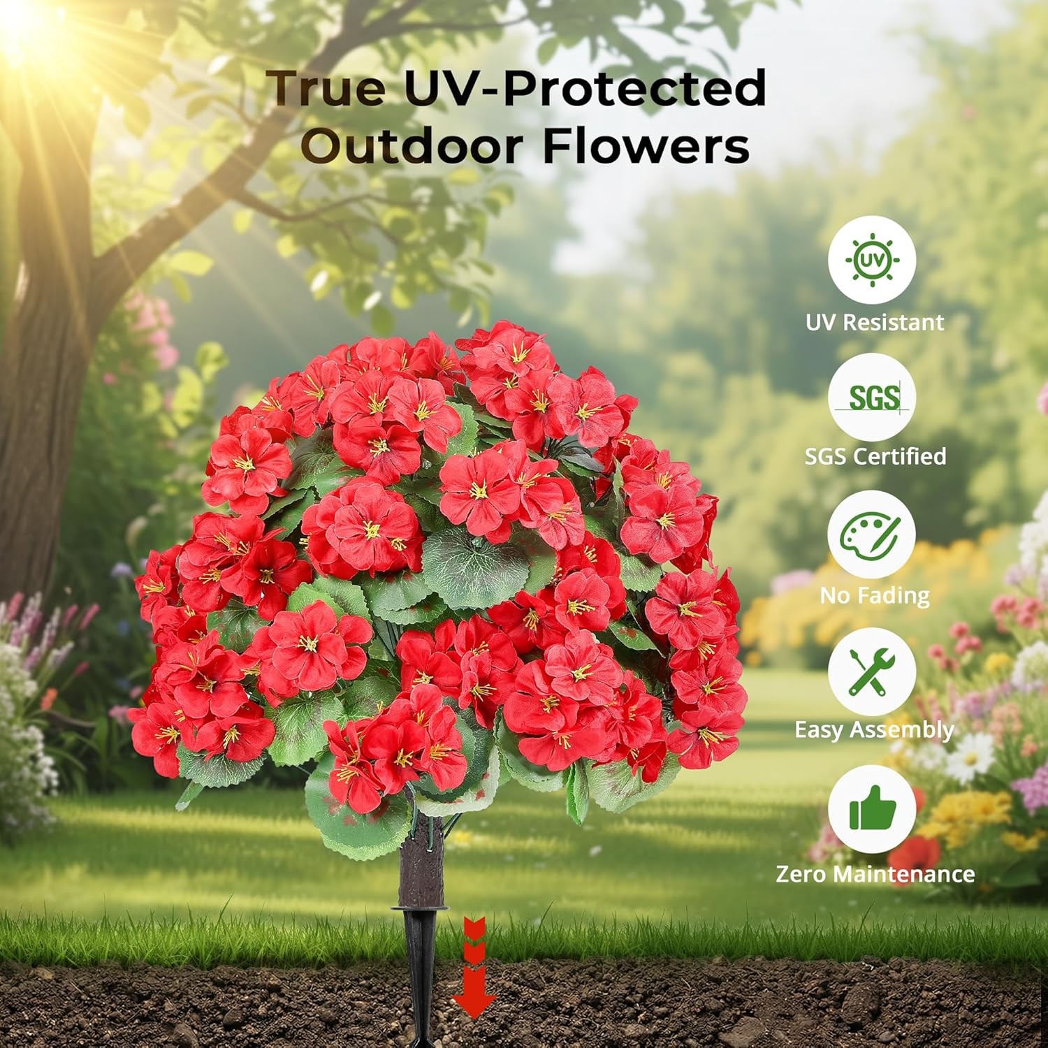 2 Set 24″ Artificial Geraniums with Stakes Outdoor, UV Resistant Artificial
