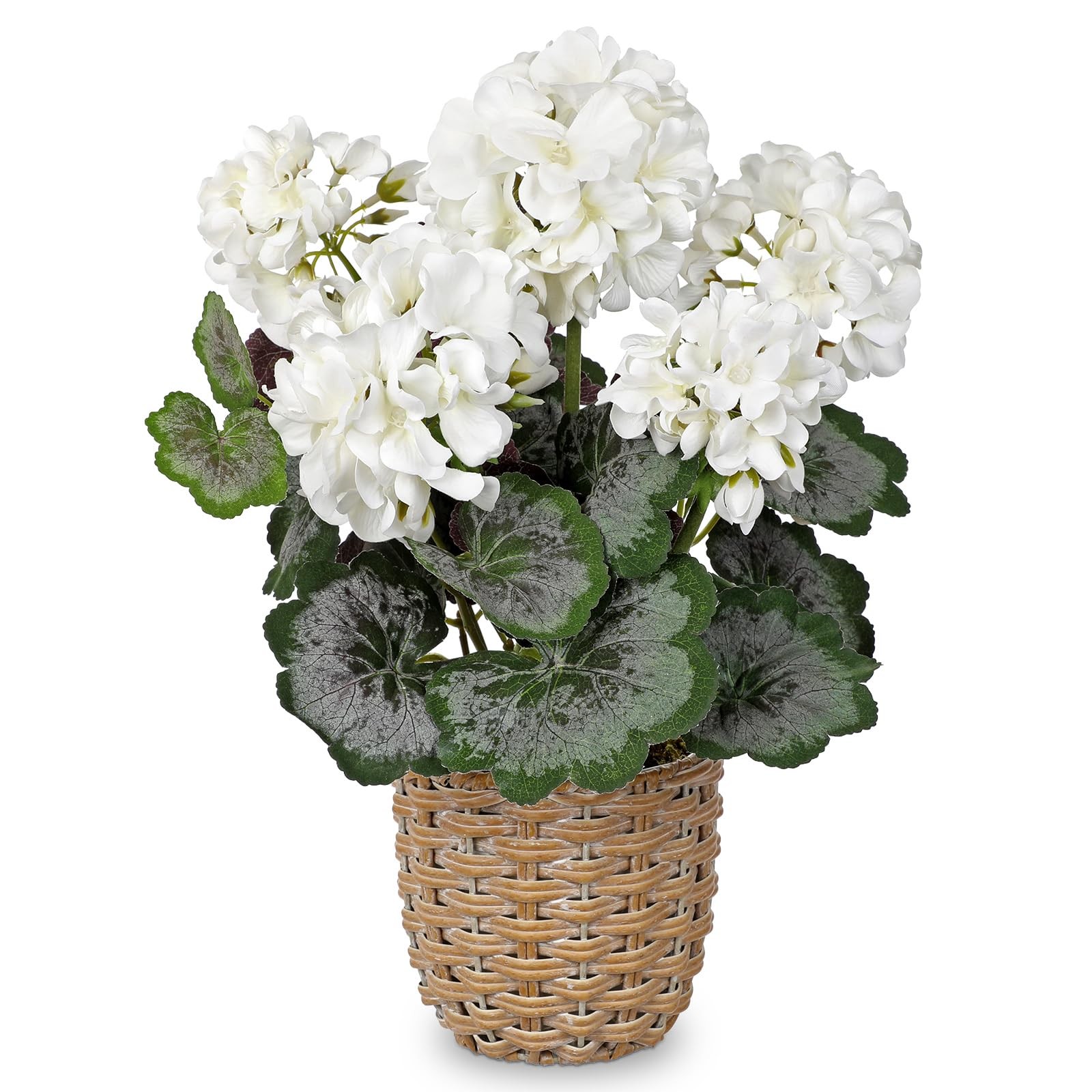Artificial White Geranium Flowers in Woven Basket, 14.5’’ Tall Silk Flower Ar…