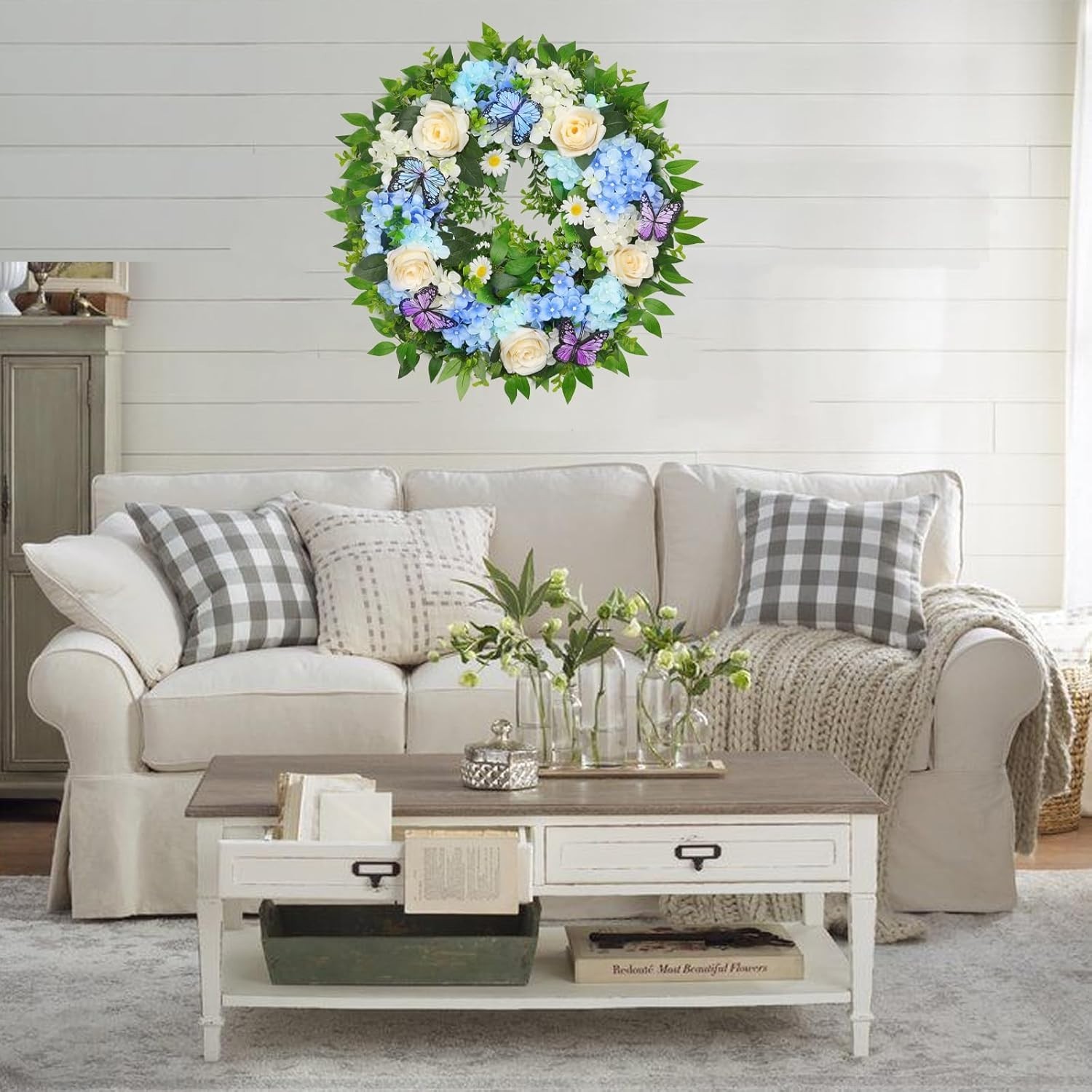 Elegant Lighted Hydrangea & Butterfly Wreath for All Seasons