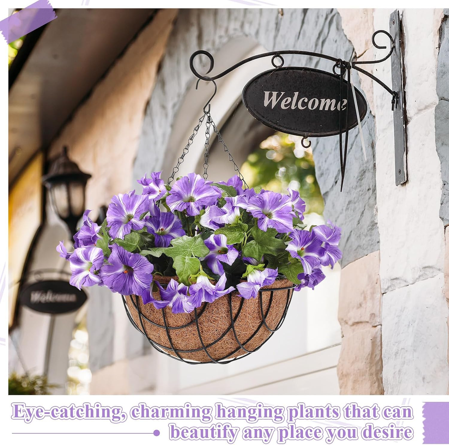 2 Pack Faux Petunia Hanging Flowers in 12″ Basket for Outdoor Decor (Purple)