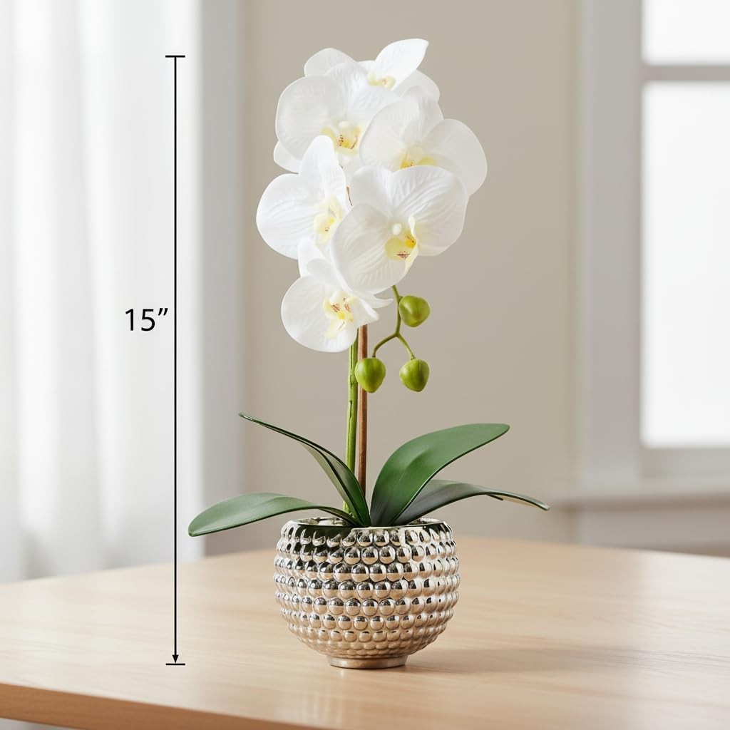Large Artificial Orchid Flowers In Silver Pot Faux Plants Indoor Table Decor
