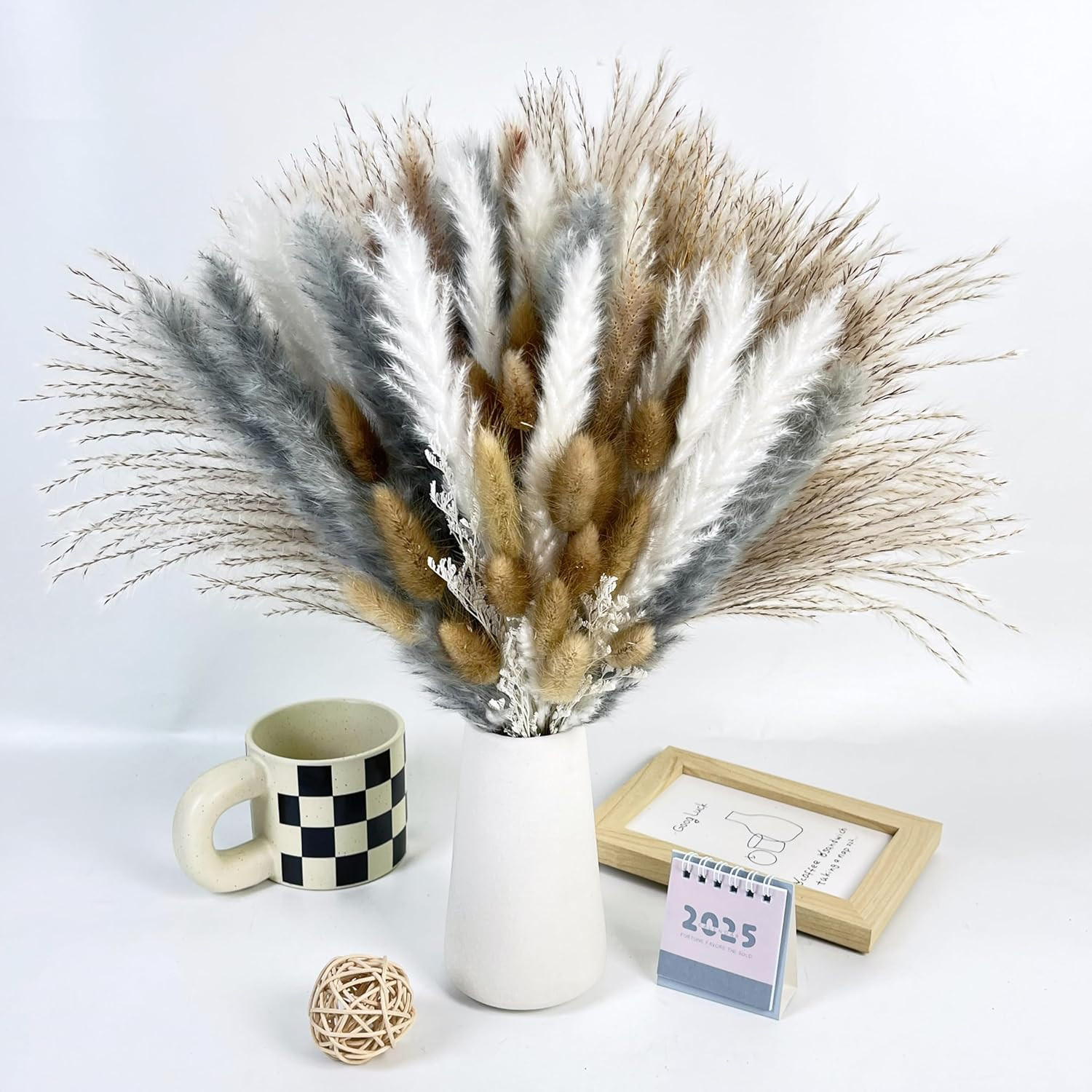 Natural Dried Flower Bouquet – 17″ Boho Style Mixed Pampas Grass Ideal for Home