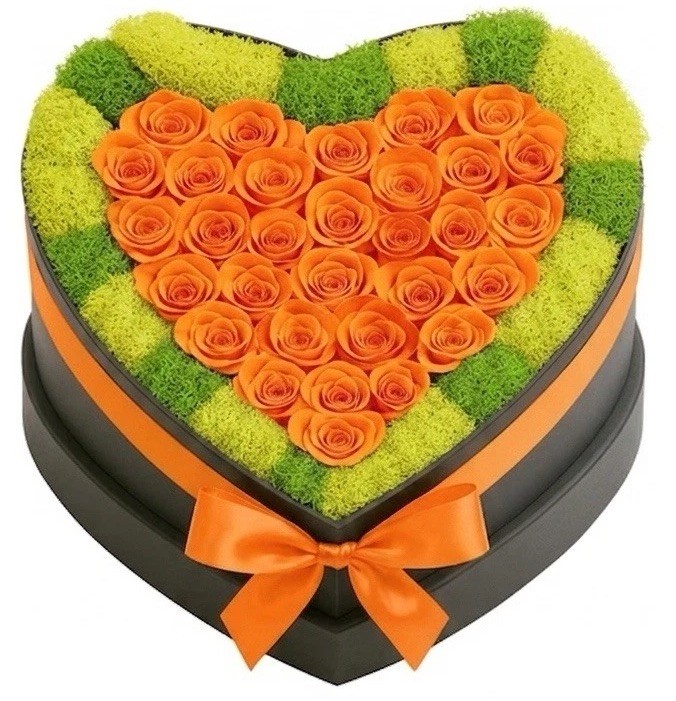 Moss Heart Preserved Orange Roses Heart-Shaped Flower Box 9″ x 5.7″ Mother’s Day