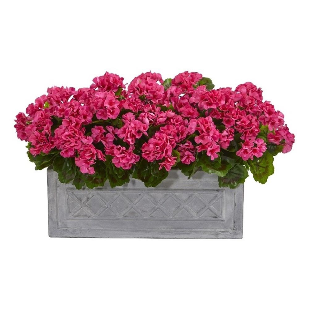 Indoor/Outdoor 18″ Geranium Artificial Plant with Stone Planter in Pink/Gray