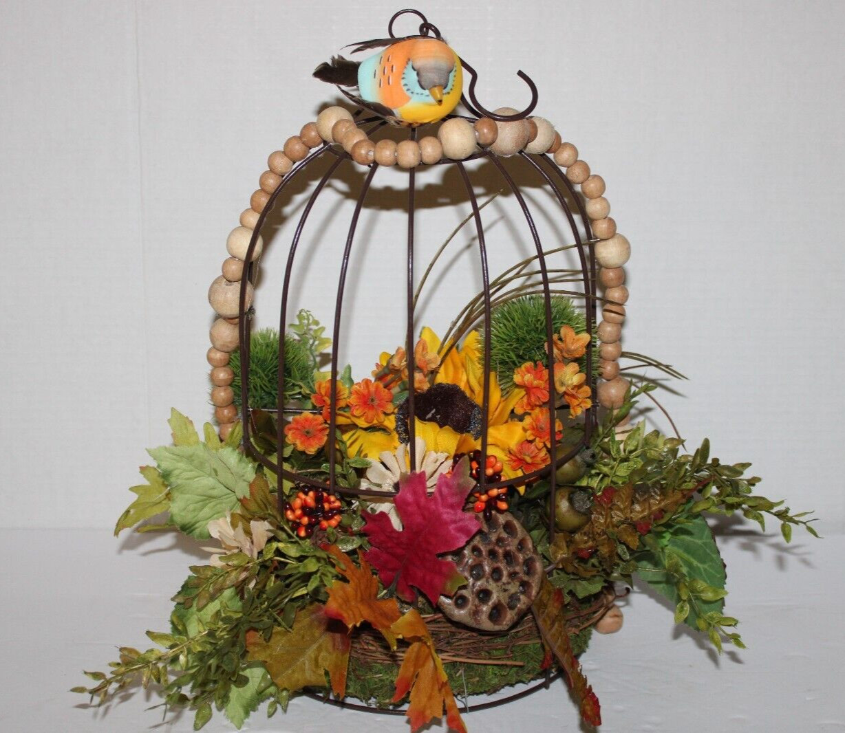 FALL AUTUMN FLOWER ARRANGEMENT BIRD CAGE CENTERPIECE 15”
