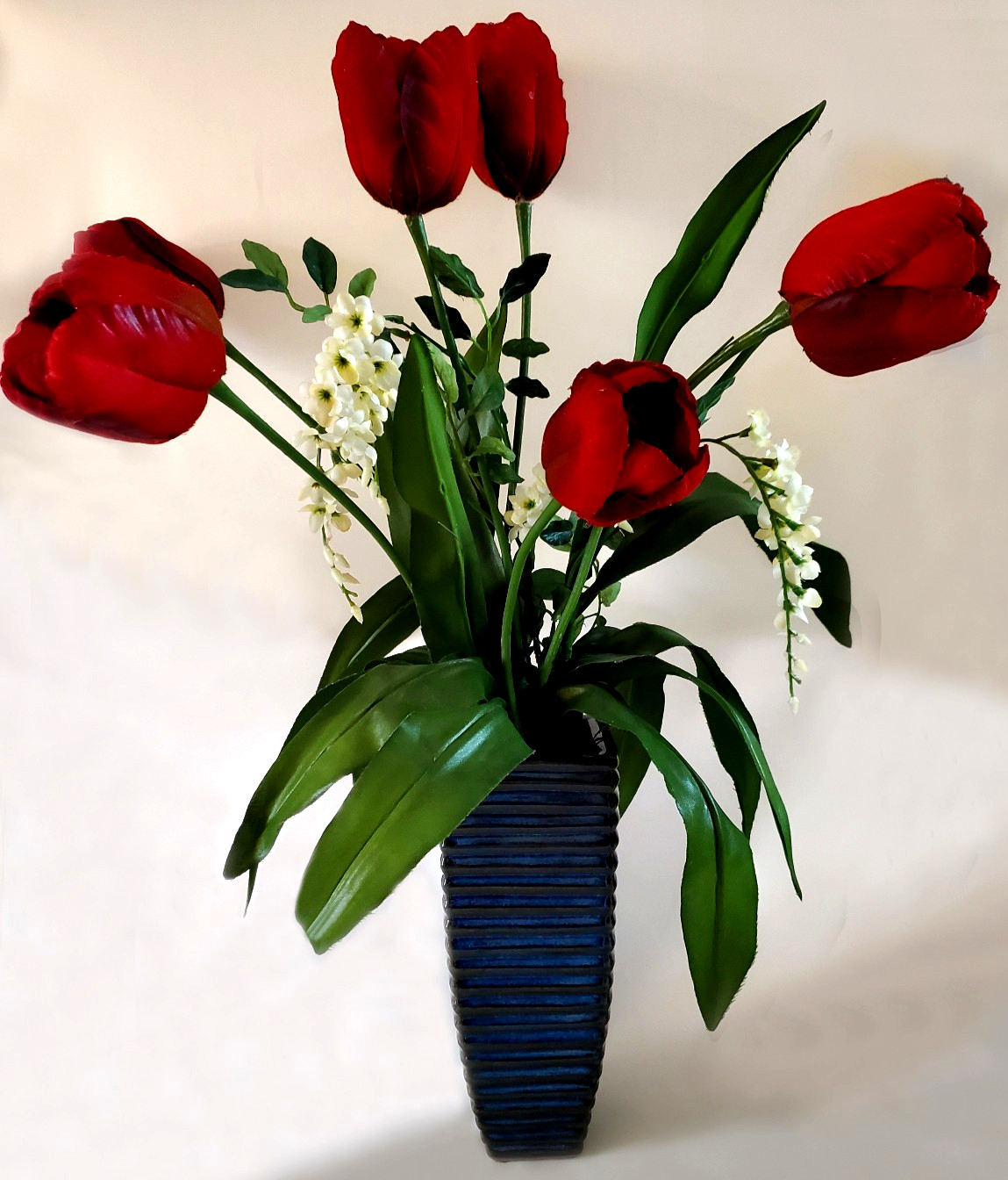 23″ Red Tulips Silk Floral Arrangement Blue Ceramic Vase Table Centerpiece