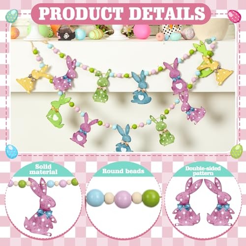 1 Set Easter Mantle Garland 6.56 ft Wood Easter Beads Banner Colorful Bunny