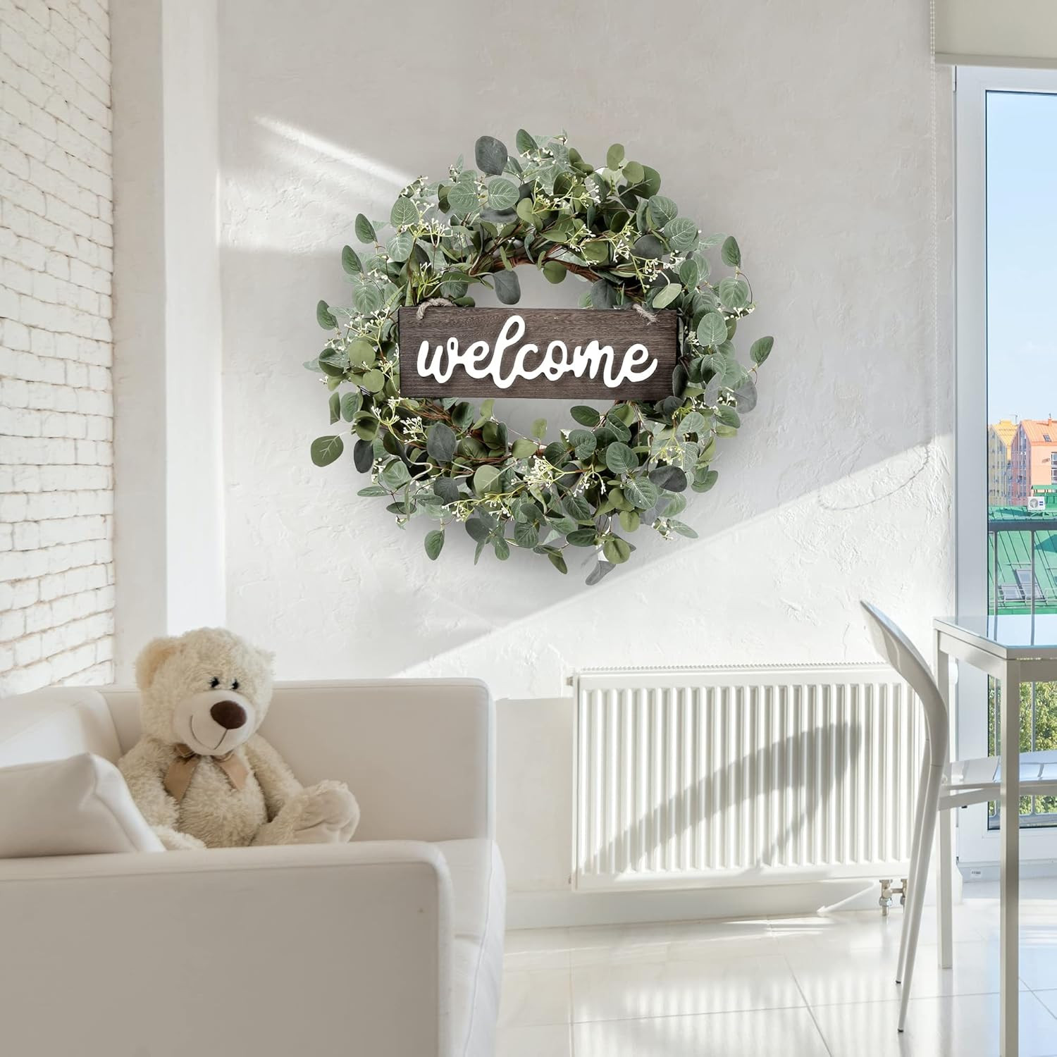 Green Eucalyptus Leaf Wreath with Welcome Sign 20In Artificial Eucalyptus Wreath
