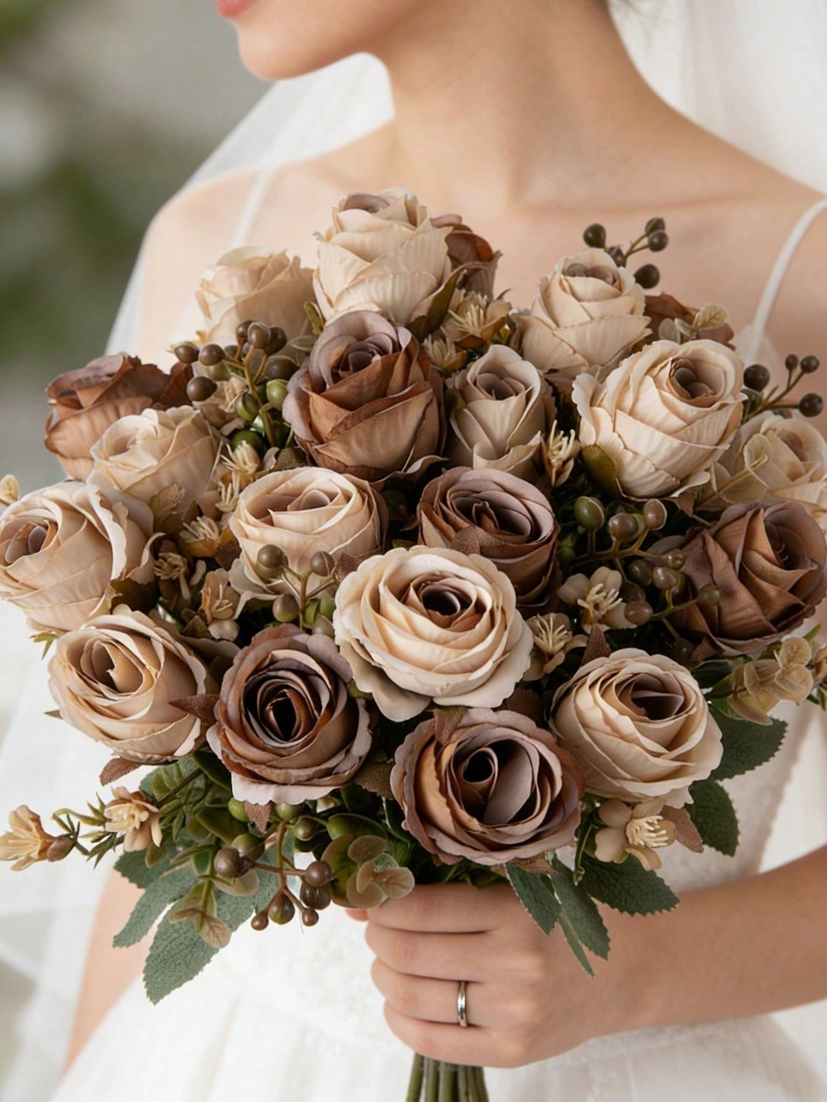 Brown Artificial Silk Rose Bouquet 3 Pieces For Wedding Home Decor