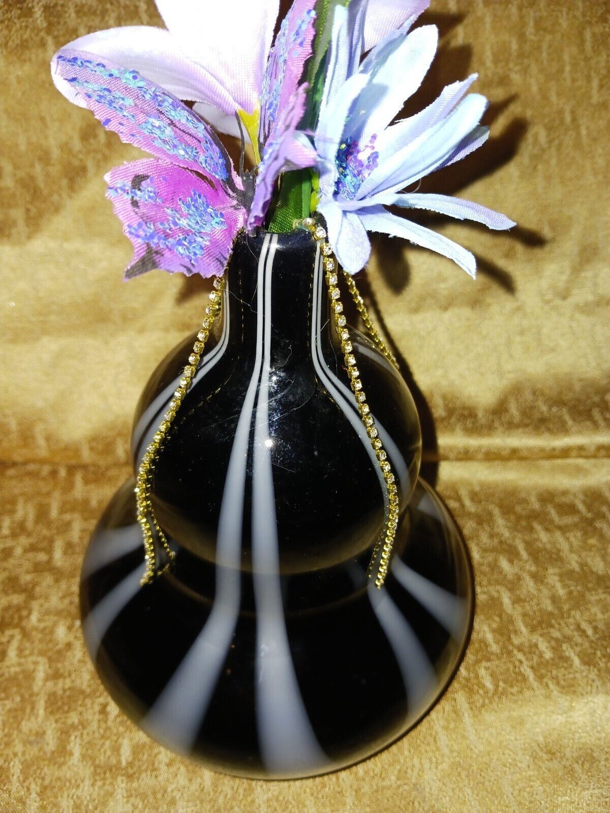 Artificial Flower Arrangement With Vintage Black & White Glass Vase Art Deco