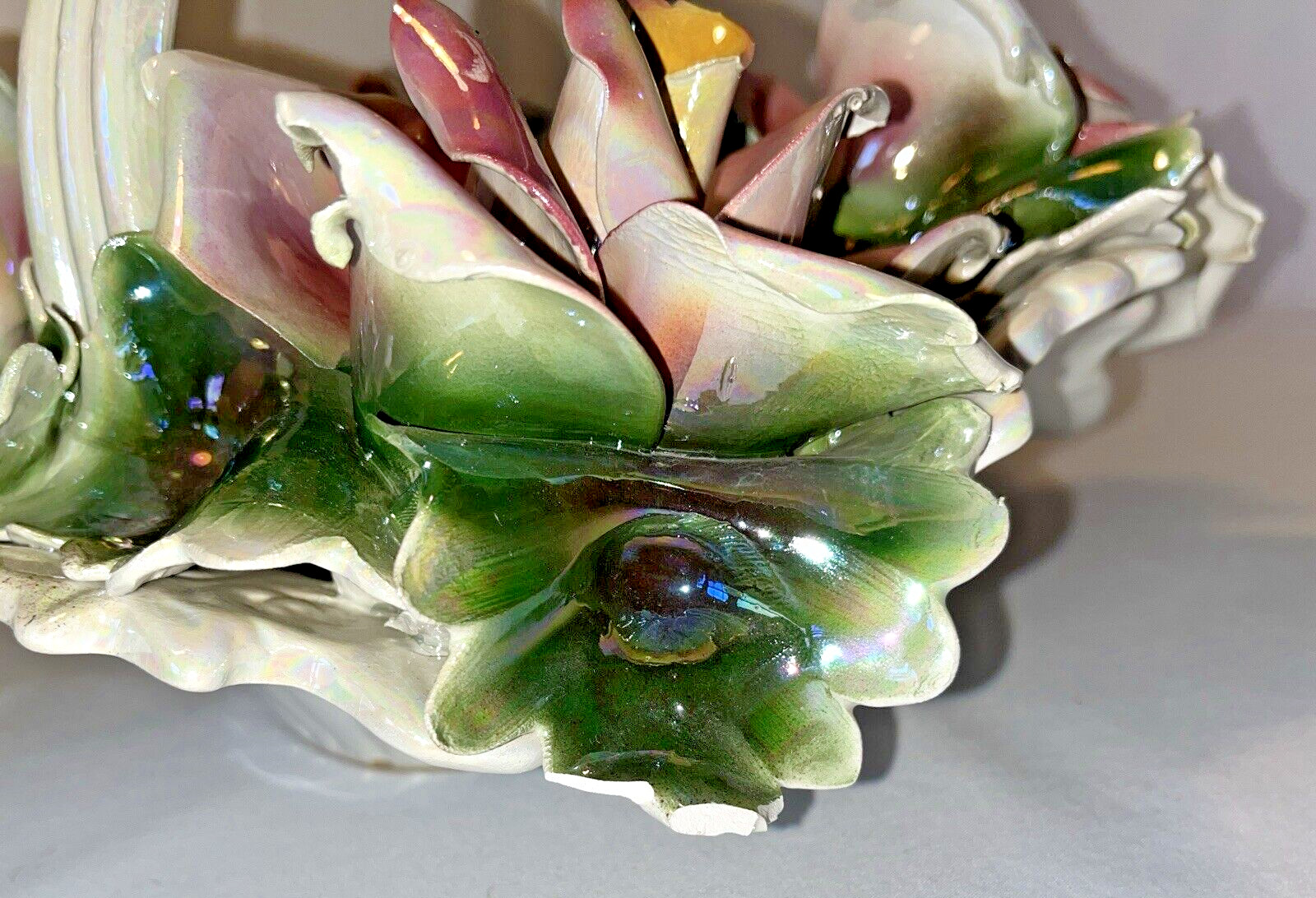 Vintage Capodimonte Basket of Roses Italy Original Tag Iridescent 10″ x 10″ x 6