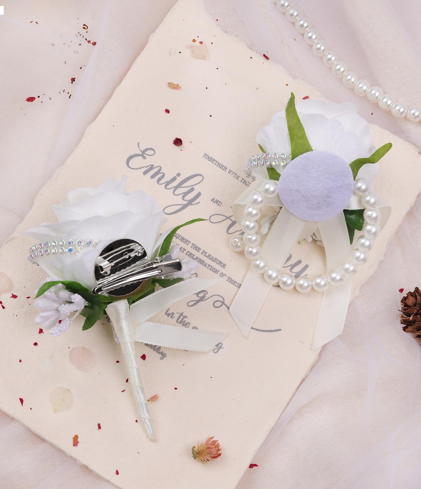 White Rose Corsage and Men Boutonniere Set for Wedding Prom