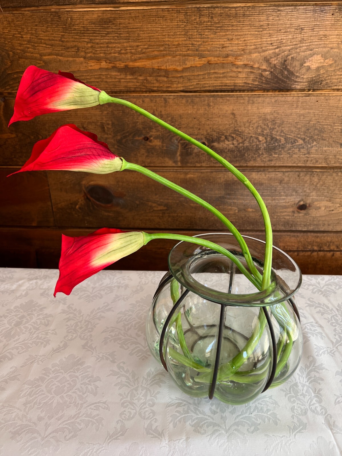 REDUCED!! Silk Flowers in a Vintage Glass Vase, red Artificial Calla Lillies