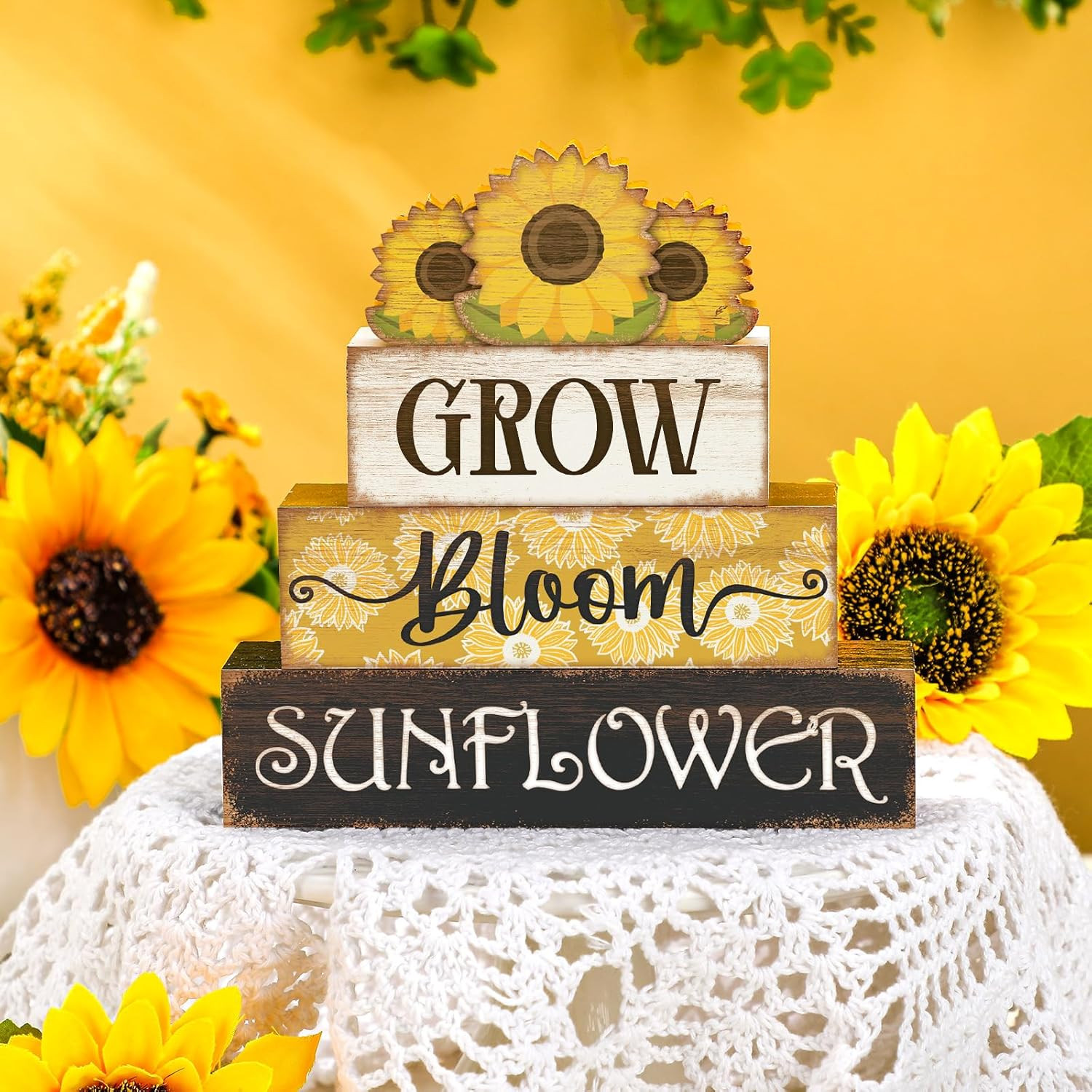 Sunflower Tiered Tray Decor Set Summer Wooden Sign Book Stack 4pc