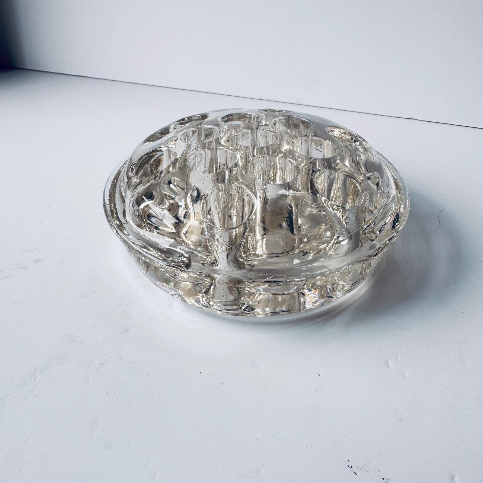 Vintage Clear Glass Flower Frog 13 Hole Domed Floral Stem Holder Heavy Glass
