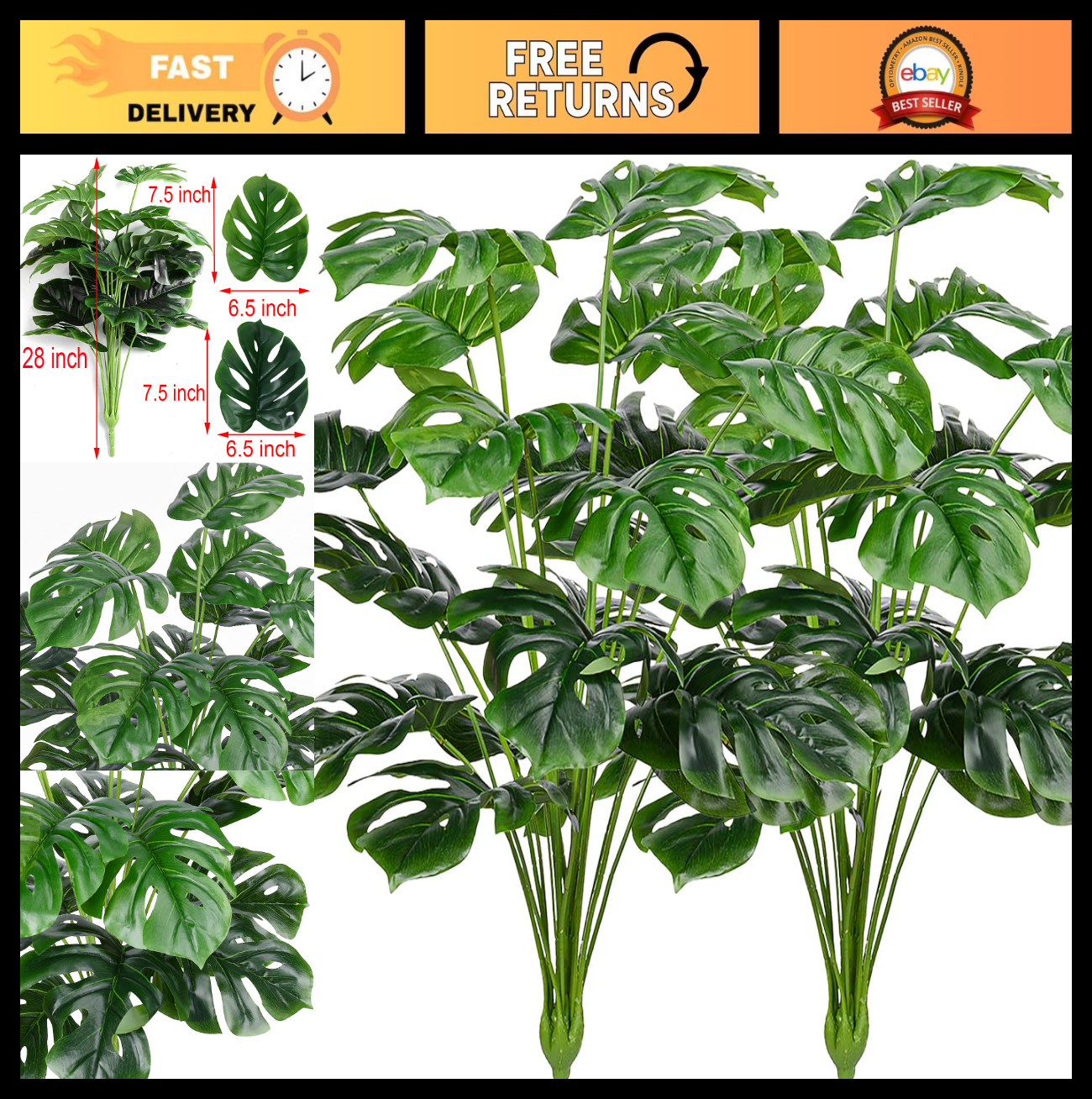 Tropical Faux Monstera Palm Leaves – UV Resistant Plastic Plants (2 Pcs, Green)