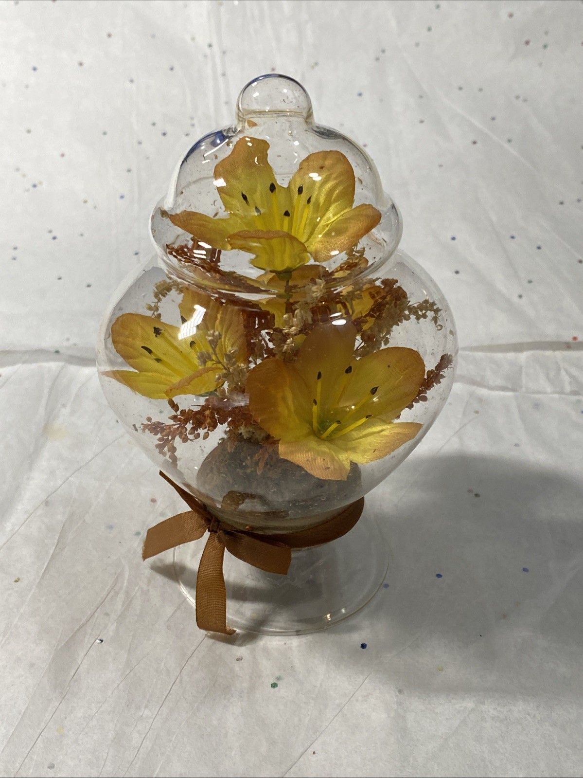 Vintage Glass Dome Egg Cloche Yellow Flowers