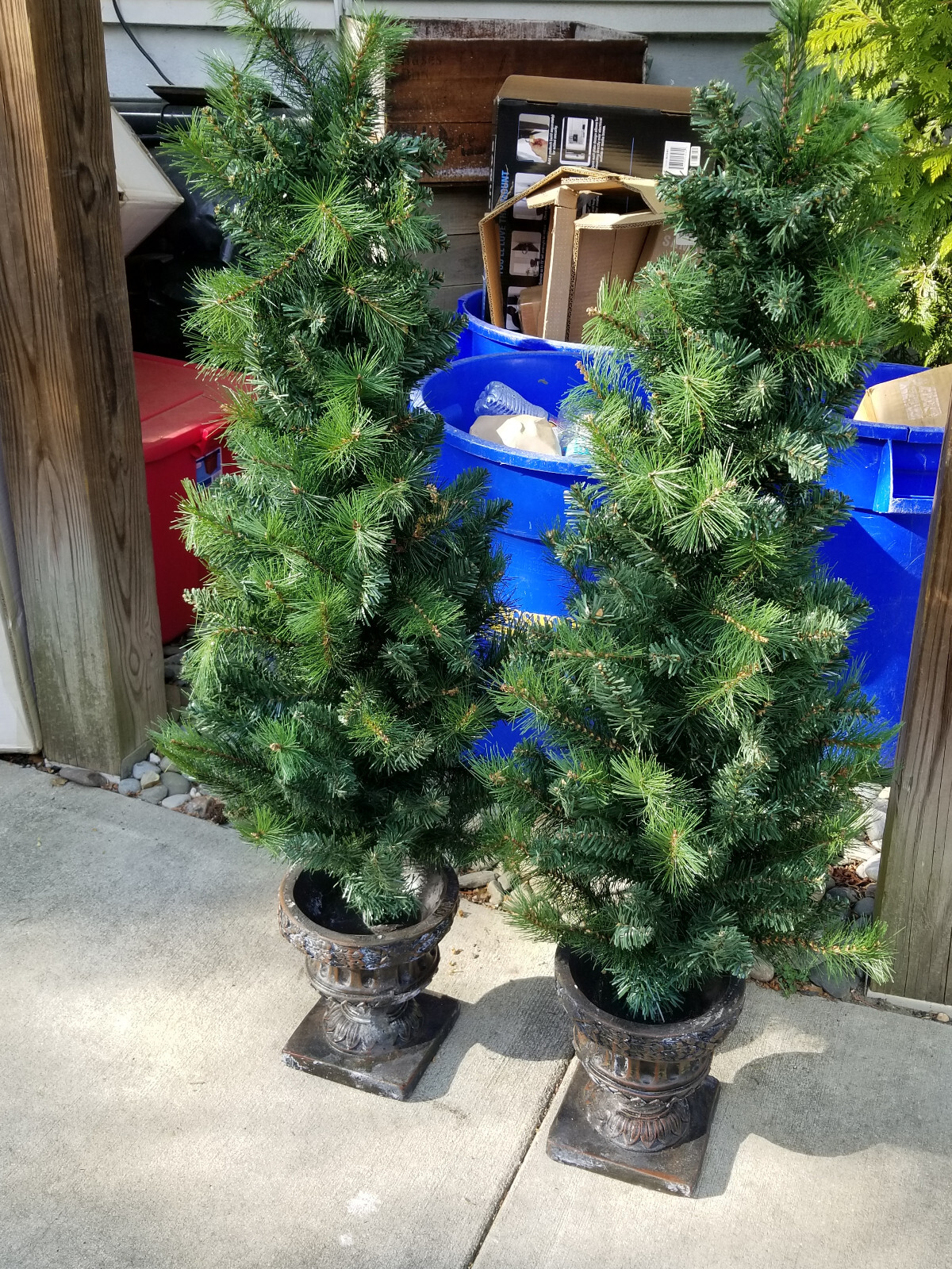 A PAIR OF DECRATIVE ARTIFICIAL FAUX POTTED PORCH PINE PLANTS 4′
