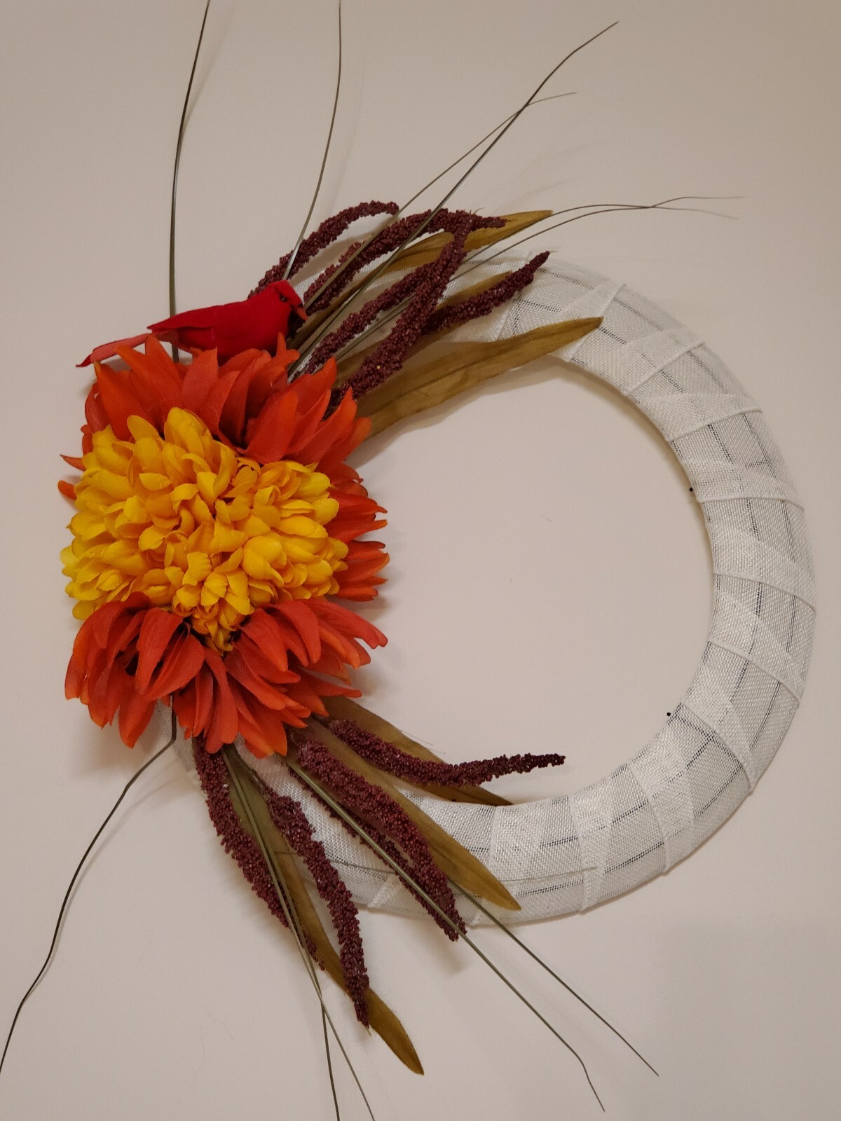 Heather MUM white orange red CARDINAL burlap WREATH FALL autumn Decor Front Door