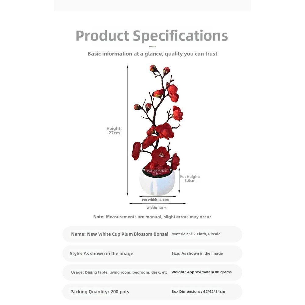 Artificial Plum Blossom Bonsai in White Cup for Living Room Bedroom Decor